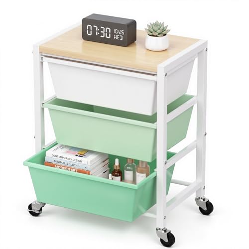 Rolling Cart with 3 Drawers, Plastic Drawer Storage Carts with Lockable Wheels & Wooden Tabletop, Metal Art Craft Utility Cart Organizer for Home Office Bedroom Dorm Bedside Classroom, Bright Green - color: Bright Green