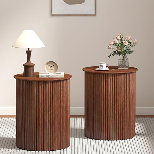 AVZEAR Small Round Side Table Fluted Night Stand Set of 2, 17.7" Mid Century Modern End Table, Circle Bedside Tables Wood Nightstands for Small Spaces, Living Room, Bedroom (Rustic Walnut) - color: Walnut, size: 17.7"D x 17.7"W x 21.6"H