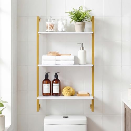 Giantex 3-Tier Wall-Mounted Bookshelf, Modern Floating Storage Display Shelves with Metal Frame, Wood Open Ladder Bookcase for Living Room, Home Office, Kitchen, White + Gold - color: White + Gold