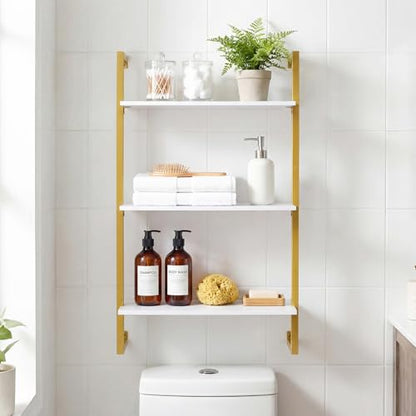Giantex 3-Tier Wall-Mounted Bookshelf, Modern Floating Storage Display Shelves with Metal Frame, Wood Open Ladder Bookcase for Living Room, Home Office, Kitchen, White + Gold - color: White + Gold