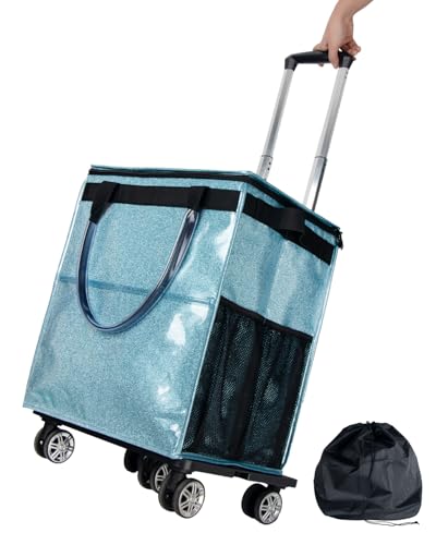 Reusable Grocery Bags on Wheels, Rolling Tote Bag, Portable Shopping Cart for Groceries with Wheels and Drawstring Bag, Trolley, 54L, Foldable, Starry Blue - color: Starry Blue