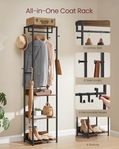 VASAGLE Coat Rack, Freestanding Hall Tree with Shelves, Hanging Rail, and Hooks, Space-Saving Coat Stand, Steel Frame, for Clothing, Bags, Hats, Ink Black and Rustic Brown URCR061BD04 - color: Ink Black + Rustic Brown, style: Industrial