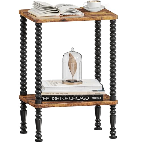 Side Table, 2-Tier Wood End Table, Vintage Bedside Nightstand with Open Storage Shelf for Living Room, Bedroom, Office, Rustic Brown - color: Rustic Brown, size: 2-tier