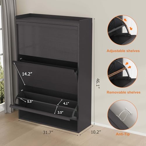 Garvee Shoe Cabinet with 3 Flip Drawers, Hidden Wood Shoe Cabinet,Freestanding Shoe Storage Cabinet with Adjustable Shelf for Entryway Hallwa, Living Room, Living Room, Black - color: Black