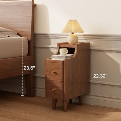 Narrow Nightstand with 2 Drawers,Walnut Nightstand,Bedside Table,Solid Wood Modern Bedside Table for Bedroom,Study,Toilet - color: Walnut, size: 15.75"D x 7.87"W x 22.32"H(2 Drawers)