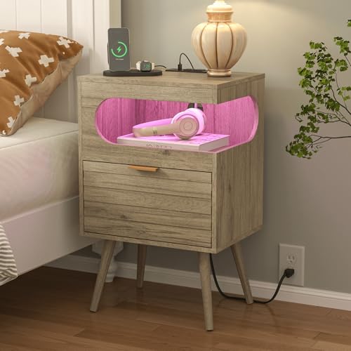 Veegle Nightstand,Modern Bedside Table with Storage Drawer and Open Wood Shelf, Accent Night Stand with Solid Wood Legs for Living Room, Bedroom and Small Spaces,Easy Assembly (Grey Oak-1) - color: Grey Oak-1
