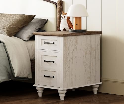 WAMPAT Antique White End Table with Charging Station, Wooden Side Table with Drawer & Storage Cabinet, Farmhouse Nightstand with Power Outlets & USB Ports for Living Room, Bedroom - color: Antique White