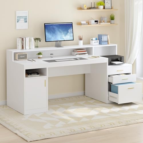YOMILUVE Computer Desk with 3 Drawer & Storage Shelves, Home Office Desk with File Drawer & Cabinet, Writing Study Table with Long Monitor Stand & Printer Shelf, Executive Desk, White - color: White