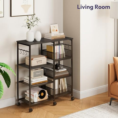 SWTYMIKI Kitchen Island Cart on Wheels - 4 Tier Rolling Kitchen Table Cart with Storage Shelves, 6 Removable Hooks& Locking Casters, Coffee Bar Cabinet for Dining Room Pantry Office, Black - size: 28x11.81in, style: Black