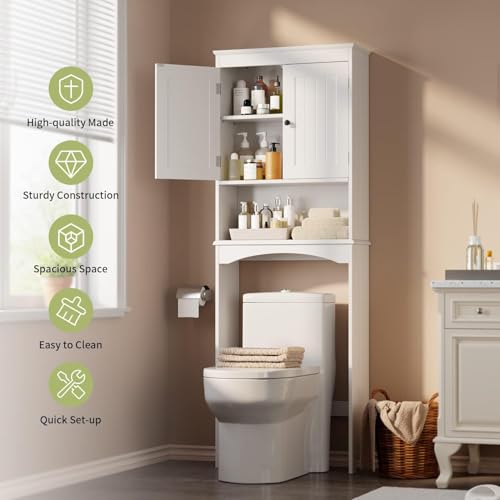Gizoon Over the Toilet Storage Cabinet with Adjustable Shelf, White | Bathroom Space Saver Organizer Above Toilet with Open Shelf and Double Doors, Taller Wooden Free Standing Toilet Rack - color: White