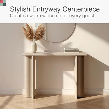 Stead Fluted Console Table – Weathered White Solid Wood Entryway Table with Oak Grain Veneer, Curved Base & Adjustable Feet – Modern Farmhouse Fluted Console Table for Hallway or Living Room.