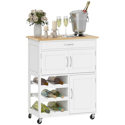 HOMCOM Bar Cart on Wheels with 9-Bottle Wine Rack, Wooden Countertop, White | Rolling Kitchen Island, Small Kitchen Cart, Wide Drawer, Island Table