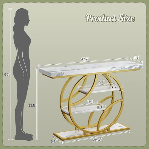 Huuger 47.2 Inch Entryway Table with Marble Top, Modern Console Sofa Table, Accent Table with Shelves, for Entry, Hallway, Entrance, Foyer, O-Shaped Metal Frame, White Marble & Gold - color: Marble Gold, size: 11.8"D x 47.2"W x 33.5"H