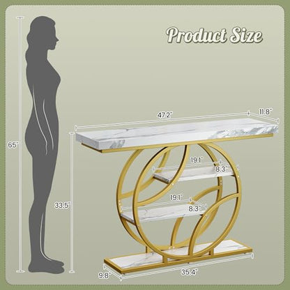 Huuger 47.2 Inch Entryway Table with Marble Top, Modern Console Sofa Table, Accent Table with Shelves, for Entry, Hallway, Entrance, Foyer, O-Shaped Metal Frame, White Marble & Gold - color: Marble Gold, size: 11.8"D x 47.2"W x 33.5"H