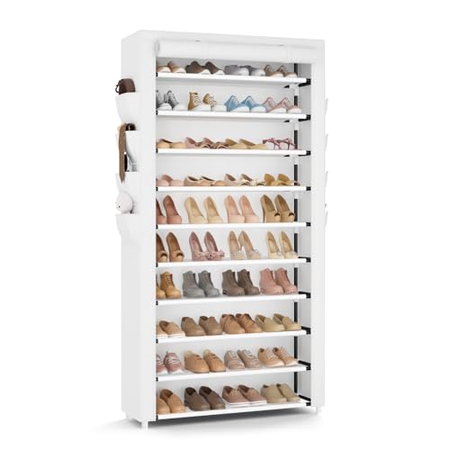 VTRIN Tall Shoe Rack with Cover, 10 Tier Shoe Organizer Storage for 50-55 Pairs Shoes and Boots Large Capacity Shoe Shelf with 8 Pockets Free Standing Shoe Rack for Closet, Entryway, Garage, White - color: White, size: 33.8"W - 10 Tier