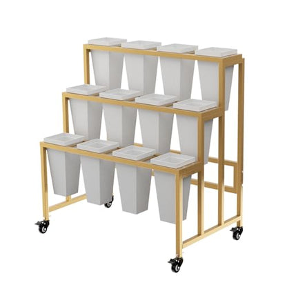 Flower Display Stand with 12 Buckets, 3 Layers Flower Bar, Gold Metal Plant Stand with Wheels, Heavy Duty Flower Cart for Indoor Outdoor Patio Garden Wedding Florist, Gold Metal Frame