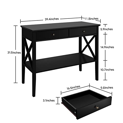 ChooChoo Console Table with Drawers, Narrow Wood Accent Sofa Table Entryway Table with Storage Shelf for Entryway, Front Hall, Hallway, Living Room, Black | 11.8"D x 39.4"W x 31.5"H, Console Table, Narrow Wood Accent Sofa Table for Entryway, Front Hall, H