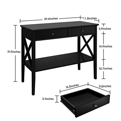 ChooChoo Console Table with Drawers, Narrow Wood Accent Sofa Table Entryway Table with Storage Shelf for Entryway, Front Hall, Hallway, Living Room, Black | 11.8"D x 39.4"W x 31.5"H, Console Table, Narrow Wood Accent Sofa Table for Entryway, Front Hall, H