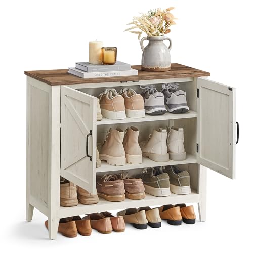 VASAGLE LIRY Collection - Shoe Cabinet, 3-Tier Shoe Storage Organiser, Traditional American Style Shoe Storage Unit, with Height-Adjustable Shelf, Handles, Sturdy Legs, Rustic White LBC038W01 - color: Rustic White, size: 13.8"D x 31.5"W x 27.6"H, style: 3