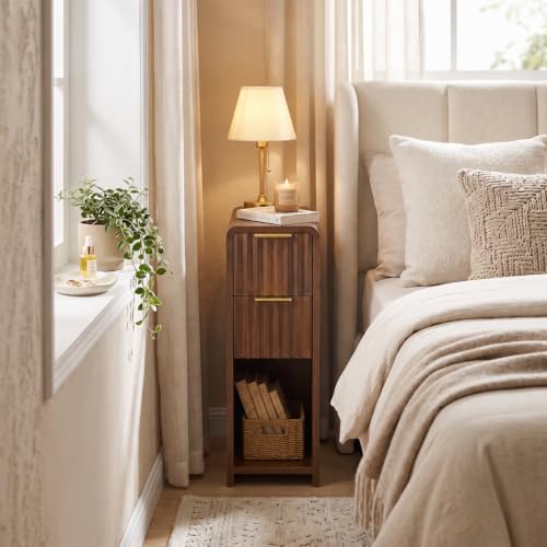 Fluted Slim Side Table with 2 Drawers and Bottom Open Shelf, Skinny End Table with Gold Handles, Walnut Narrow Accent Table for Living Room Bedroom - size: 1 Pack