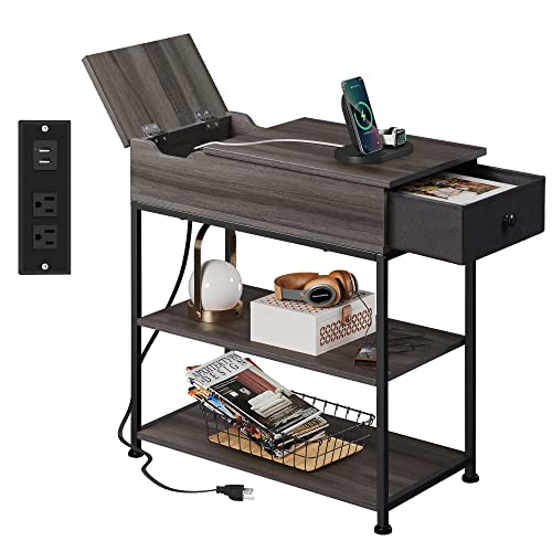 WLIVE Small Side Tables with Charging Station, Narrow End Table for Bedroom/Living Room, Sofa Couch Side Table with Storage for Small Spaces, Home Office, USB Ports and Outlets, Grey - color: Grey