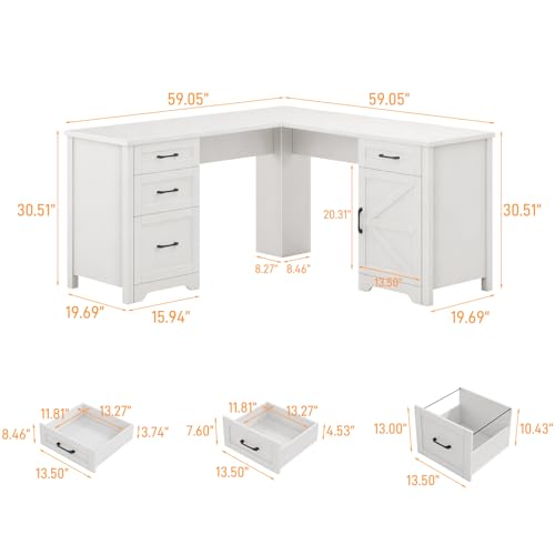 Halitaa 59” Farmhouse L Shaped Executive Desk with File Drawer, Cream White | Home Office Desk with Storage Cabinet, Wood Corner Sturdy Writing Workstation