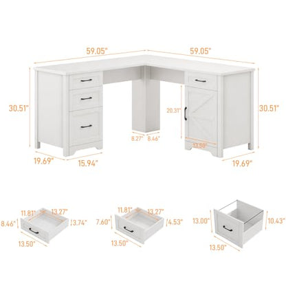 Halitaa 59” Farmhouse L Shaped Executive Desk with File Drawer, Cream White | Home Office Desk with Storage Cabinet, Wood Corner Sturdy Writing Workstation