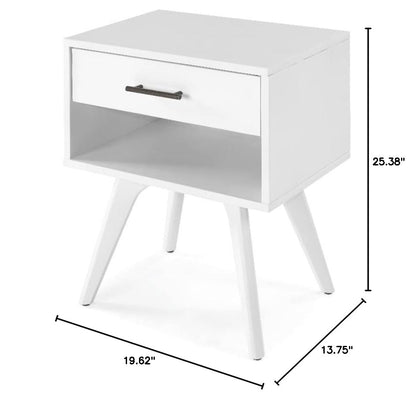 Mid Century Modern One Drawer Nightstand/Constructed of Solid Wood/White Finish - color: White