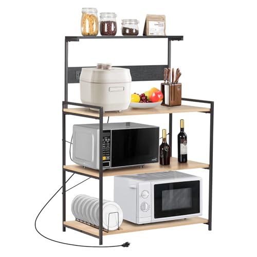 4-Tier Kitchen Baker's Rack with Power Outlet, Microwave Stand and Storage Shelves, Coffee Station Organizer (White Maple and Black) - color: White Maple+black