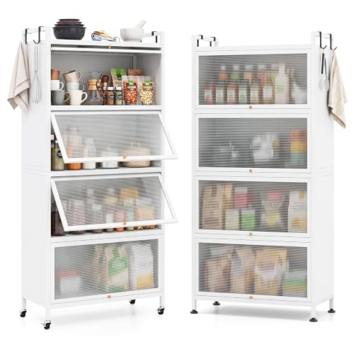 GIANTEX 5-Tier Kitchen Storage Cabinet, 4 PC Doors, Rolling Wheels (White) | Mobile Metal Pantry Cabinet with 4 Hooks & Adjustable Feet, Baker's Rack Microwave Stand for Dining & Living Room - color: White, size: 27.5"Lx12.5"Wx60"H