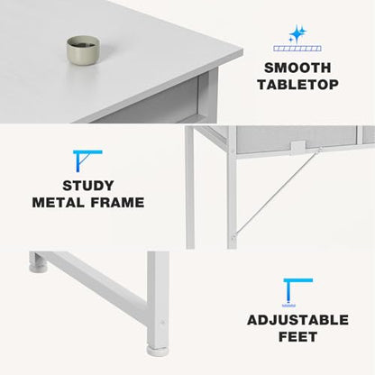 Anwick Compact Computer Desk with Storage Bag, Headphone Hook & Adjustable Feet - Modern Home Office Desk for Small Spaces, Bedroom or Study, Durable Metal Frame, Simple Design (White)