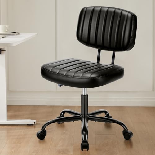 Sweetcrispy Small Office Desk Chair, Armless PU Leather with Comfy Lumbar Support, Height Adjustable Rolling Swivel Task for No Arms, for Adult, Student, Bedroom, Home, Vanity, Black - color: Dark Black