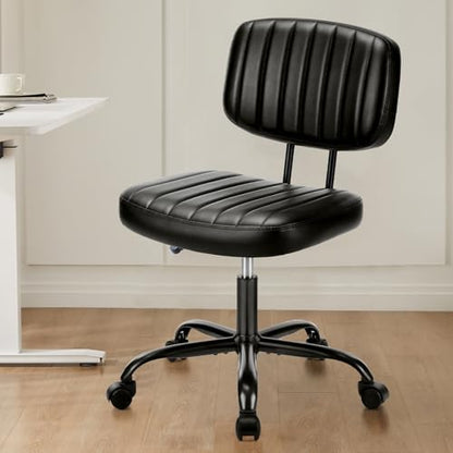 Sweetcrispy Small Office Desk Chair, Armless PU Leather with Comfy Lumbar Support, Height Adjustable Rolling Swivel Task for No Arms, for Adult, Student, Bedroom, Home, Vanity, Black - color: Dark Black