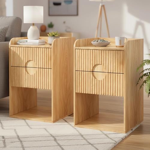 Fluted Nightstand Set of 2, Small Bedside Table, Wood Side Table with Storage, Boho Mid Century Modern Night Stand, 2 Drawer End Table for Bedroom, Natural, Vintage