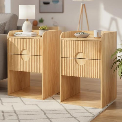 Fluted Nightstand Set of 2, Small Bedside Table, Wood Side Table with Storage, Boho Mid Century Modern Night Stand, 2 Drawer End Table for Bedroom, Natural, Vintage