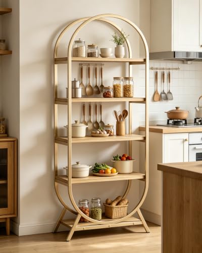 Bookshelf Arched Bookcase, Industrial 5 Tier Open Book Shelves with Metal Frame, 72" Tall Freestanding Display Rack for Home Office, Living Room,Nature Wood and Gold - color: Nature Wood & Gold, size: 5 Tier Arched