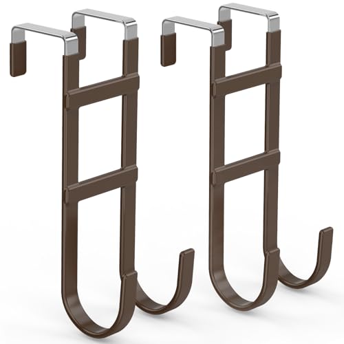 FYY Over the Door Hooks, Double-Hanger 2 Pack, Fits Doors 1.6" Brown | Heavy Duty Metal, Hold 100lbs, Rubber-Coated, No-Drilling, for Bathroom Dorm, Hanging Clothes Towels Bags Ironing Board Robe - color: Brown, size: 7.8" Long, Fit Interior Doors Up to 1