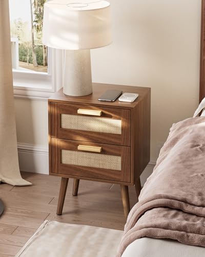 Masupu Rattan Night Stand, Modern nightstand Boho Bedside Table with 2 Drawer, Small End Side Table for Bedroom, Living Room, Office, Walnut - color: Walnut