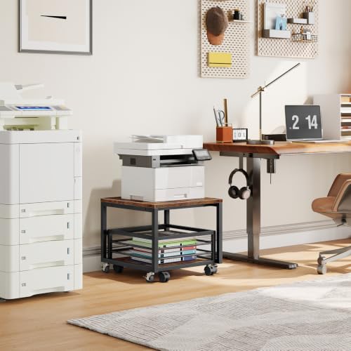 HOOBRO End Table, Mini Fridge Stand with Storage, Mini Fridge Table with Wheels and Adjustable Feet, Sturdy Metal Frame, for Living Room, Bedroom, Office, Rustic Brown and Black BF155TL01 - color: Rustic Brown