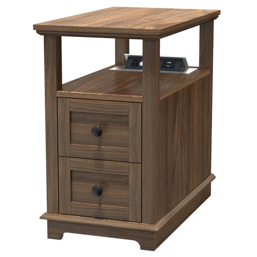HIFYOBRO Narrow End Table with Flip Top Charging Station and 2 Drawers, Type-C & USB Port & Power outlets, Wooden Storage Cabinet, Side Table with Storage for Living Room and Bedroom - color: Dark Walnut, size: 1 Piece