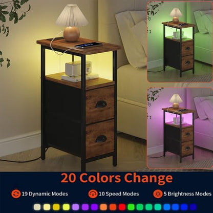 sthmec Narrow End Table with Charging Station, Narrow Side Table with 2 Fabric Drawers, LED End Table, Slim Nightstand with LED Light, Small Side Table for Small Space,Living Room,Bedroom,Rustic Brown - color: Rustic Brown, size: 7.87'' W x 15.75'' D x 24
