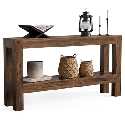 LITTLE TREE 63-Inch Wood Entryway Table, Long Farmhouse Narrow Console Table for Living Room, Hallway, Sofa, Entry, Entrance, Foyer, Behind Couch with 2-Tier Shelves, Brown - color: Red Brown