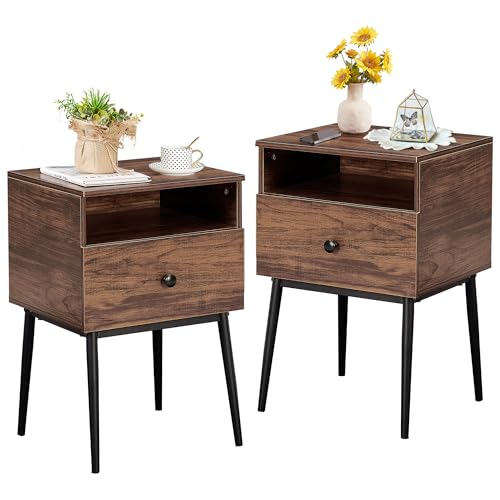 VECELO Modern Nightstands Set of 2,Square End Side Table with Drawer and Storage Space for Bedroom and Living Room - color: Brown(set of 2)