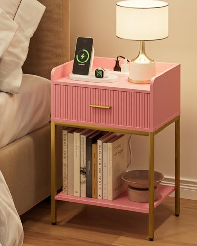 Nightstand with Charging Station, 3-Tier Bed Side Table, Small End Table, Night Stand with Open Shelf and Drawer, Bedside Table for Bedroom, Living Room, Pink - color: Pink, style: With Charging Station