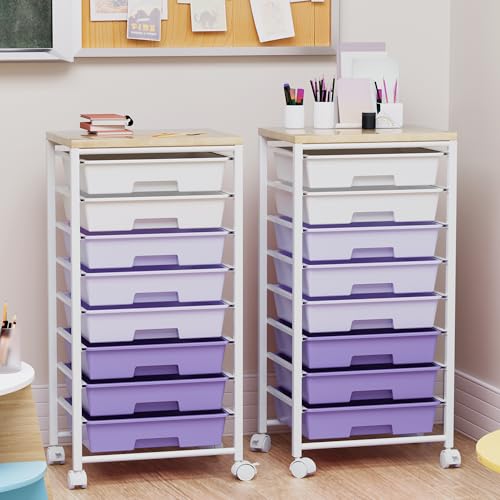 Rolling Cart with 8 Drawers, Storage Drawers Cart with Wooden Tabletop and Lockable Wheels, Craft Storage for Living Room, Office, Classroom, Craft Room, Bedroom (Purple) - color: Purple