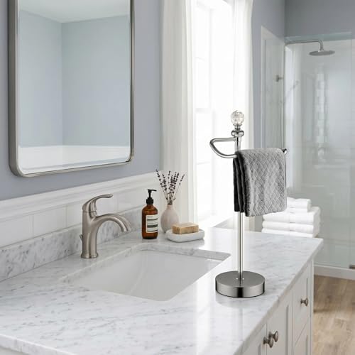 ROLABAM Heavy Weighted Hand Towel Holder (with Crystal Ball) Hand Towel Holder Stand Total Height 16.54'' for Kitchen, Bathroom and Countertops, Classic Metal Fingertip Towel Holder, Brushed Nickel - color: Brushed Nickel