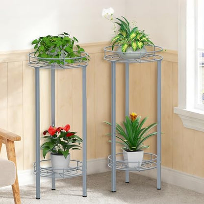 Sunexinlo Plant Stand Indoor 28in Tall,2 Pack Metal Planter Stand,2-Tier Decorative Round Flower Pot Table for Garden,Patio,Living Room,Corner,Office(Sliver)