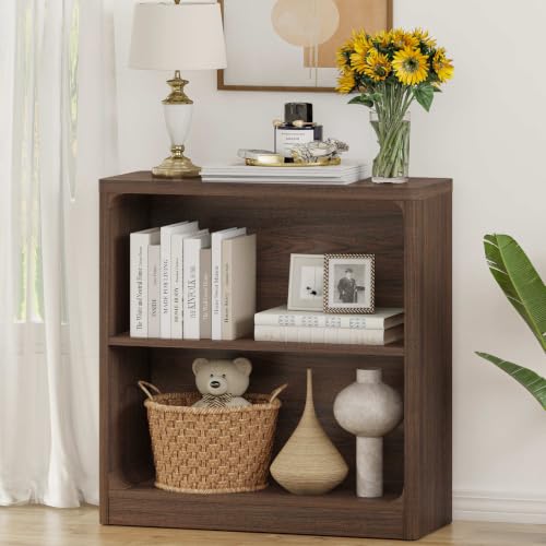 FATORRI Small Wooden Bookshelf, 2-Tier Open Bookcase with Rounded Corners, Compact Floor Standing Storage Book Shelf for Living Room, Bedroom, Home Office (Dark Walnut) - color: Dark Walnut, size: Without Drawer