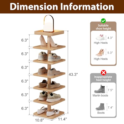 6-Tier Vertical Shoe Rack, Narrow Shoe Tower for Small Space - color: Natural, size: 11.4"D×10.8”W×43.3"H