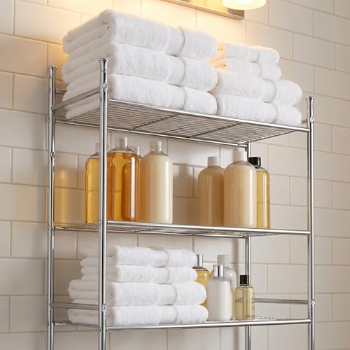 Honey-Can-Do 3-Tier Metal Bathroom Shelf Space Saver, Over The Toilet Storage Rack Organizer, Adjustable Chrome Wire Shelving Unit for Towels & Toiletries, 9.5 x 23 x 60 in - style: 3-Tier Bathroom Tower Shelf